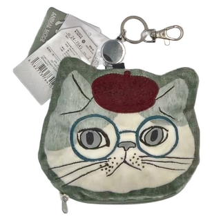 kUSUgURU JAPAN 日本眼鏡貓 Animal Mode系列 刺繡絨毛立體貓臉造型伸縮卷線票卡包