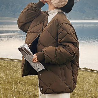 菱格紋無領麵包外套 F, 咖啡色, 肩寬42cm 胸寬51cm 袖長58cm 全長62cm, 咖啡