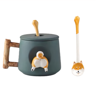 Royal Duke 皇家公爵 彩繪柴犬尾巴附蓋附湯匙馬克杯, D0151-綠色-420ml, 陶瓷, 1組