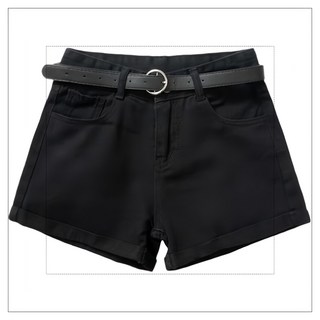 葉子小舖 高腰牛仔短褲 基本款 (附腰帶), L, 黑色