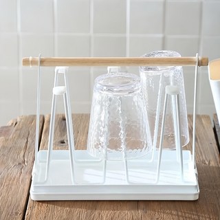 杯架塑膠托盤Set 14*24*19 cm 實木托盤+鐵支架, 白色, 300g, 1組