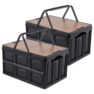 葉子小舖 手提露營摺疊箱 木蓋, 黑色, 小, 2個