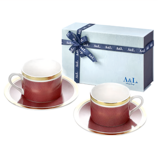 A&L 骨瓷咖啡對杯禮盒 Set, 骨粉含量高達40%, 德國原裝進口賀利氏浮雕金, 皇家酒紅, 1組