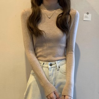 微高領包芯紗親膚多色長袖上衣, 肩寬28cm + 胸寬35cm + 袖長50cm + 袖寬7cm + 下擺寬32cm + 全長58cm, 卡其, 1件