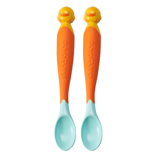 PiYOPiYO黃色小鴨神奇感溫湯匙組湯匙尺寸符合嘴型43度變色人體工學曲線握柄防滑可彎曲, 2支