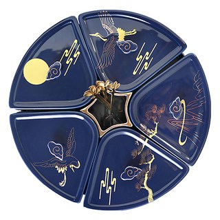 摩達客 農曆春節開運 高級優雅宮廷國畫金系分格陶瓷精緻糖果盒 水果盤聚寶盆 高溫燒製 紅色/藍色, 1個