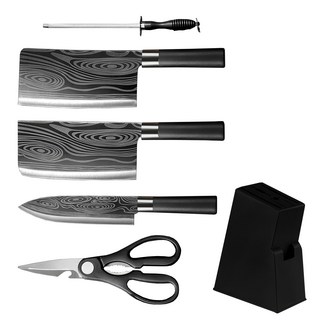 冰紋刀具6件套 不鏽鋼材質 刀柄符合一體成型, 1組, 切片刀1入 + 菜刀1入 + 磨刀棒1入 + 廚師刀1入 + 廚師剪1入 + 刀座1入