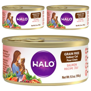 Halo 嘿囉 成貓主食罐頭, 無穀野生鮭魚, 精選非基改蔬果食材, 人類食用等級鮮肉塊, 5.5oz, 3罐