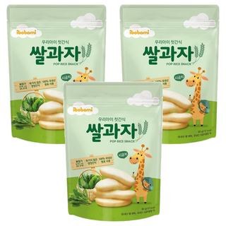 ibobomi 嬰兒米餅, 入口即化, 無添加人工成份, 非油炸製程, 韓國國產原料, 易抓取長條造型, 菠菜味, 30g, 3包