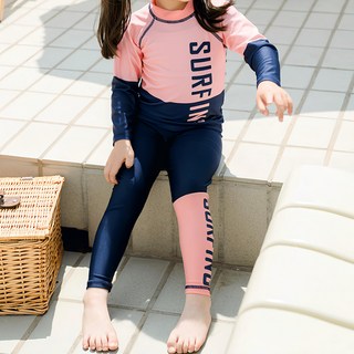 兒童款 長袖防曬泳衣 長袖上衣 + 泳褲, 3XL, 深藍色 + 亮粉色