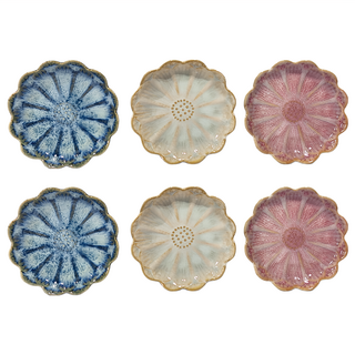 JUST HOME 日式線條質感陶瓷碟4.5吋, 碟子6入, 白色(x2) + 灰藍(x2) + 粉色(x2), 1組