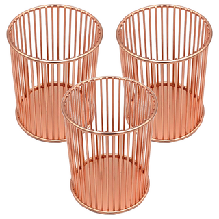 金屬圓形收納筆筒, 條形玫瑰金, 3個