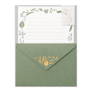 日本 MIDORI 燙金信封信紙組 86507 綠葉 1組 - 清新設計 優質紙張 適用於各種場合