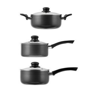 Tamsaa IH電磁爐適用 陶瓷塗層湯鍋3件組, 16公分單柄湯鍋 + 18公分單柄湯鍋 +20公分 雙耳湯鍋, 深黑色, 1組