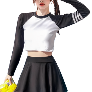 女款 分體運動泳衣 長袖分體褲裙套裝, S, 黑色