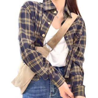 撞色格子長袖襯衫, F, 藏青