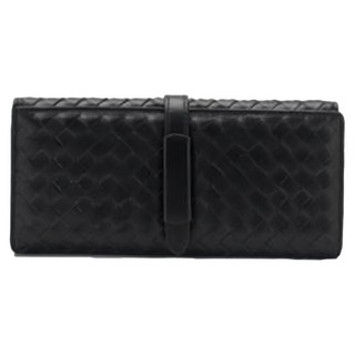 羊皮手工編織抽繩封口長夾女夾, 19.5 x 10 x 3.5cm, 黑色