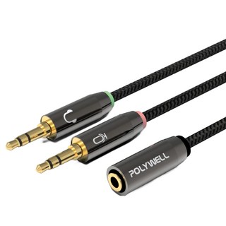 POLYWELL 寶利威爾 AUX 3.5mm 4極音源轉接線 1母2公 25cm, PW15-W52-A005, 黑色, 1條