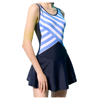 Summer Love 夏之戀 大女連身帶裙泳衣, 附泳帽, M, 條紋