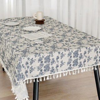 法式復古桌布 藍色碎花 140*180cm, 140 x 180cm, 流蘇收邊款, 1個