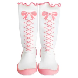 GGOMOOSiN 學步鞋 及膝襪型 Set - 韓國製造 精梳棉材質, 125mm, 緞帶 粉色 + 白色