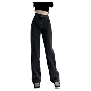 女款 錯位交叉顯瘦直筒牛仔寬褲, M, 黑灰色