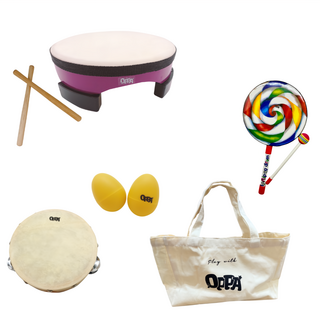 OPPA 奧福樂器 地鼓敲敲樂器4件組 地鼓 + 鈴鼓 + 蛋沙鈴 + 棒棒糖鼓 附收納袋, 1組, 紫色