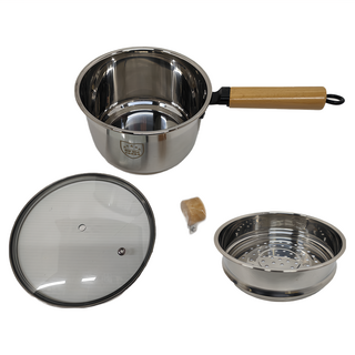 木柄特厚雙層全能鍋 304不鏽鋼鍋 鍋蓋-鋼化玻璃, 18cm, 1個