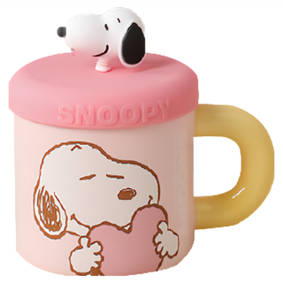 PEANUTS 史努比 陶瓷馬克杯 含公仔杯蓋, 粉色, 1個