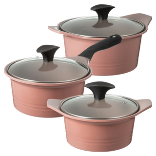 comet 陶瓷鍋三件組 附鍋蓋, 雙柄鍋16cm+單柄鍋18cm+雙柄鍋20cm, 玫瑰金色, 1組
