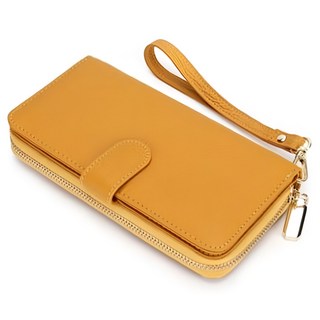 女士長夾, 面料頭層牛皮, 11卡片位, 黃色, 9.5 x 3 x 19cm