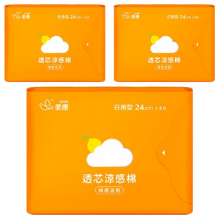 icon 愛康 涼感衛生棉 封存精油與獨特配方 雙層材質技術 乾爽安心 植萃檸檬甜橙精油, 24cm, 8片, 3包