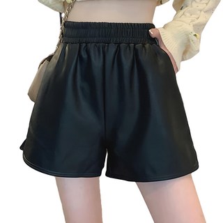 女款高腰鬆緊A字皮短褲 - 多碼 HS7080, M, 黑色