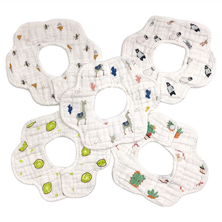 LuxuryBaby 8層紗圍兜組 23-25*25-27cm 0-36個月適用, C款 奇異果款+羊駝款+動物款+蜜蜂款+仙人掌款, 5件, 1組