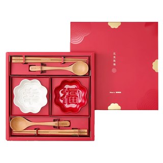 Mao's樂陶陶 花見祝福顯影醬油碟湯筷禮盒組, 幸福 白色 + 紅色, 1組