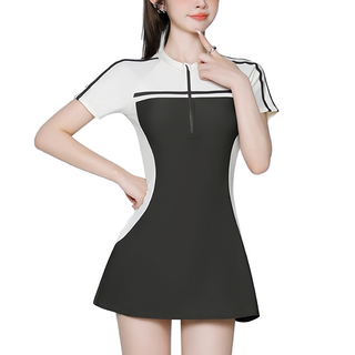 愛北鼻 成人女連身泳衣 運動風拉鍊褲裙套裝 - 時尚 舒適好穿脫, L, 黑色