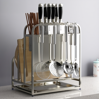 Lifecode 生活密碼 304不鏽鋼 雙砧板架/刀具架 可掛湯杓 附滴水盤, 銀色, 1個