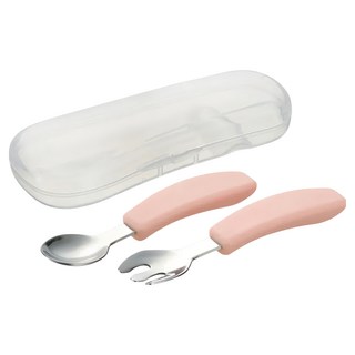 Richell 利其爾 TLI 不鏽鋼 耐摔耐用 方便攜帶 前端角度設計, 粉色, 湯匙 + 叉子 + 收納盒, 1組