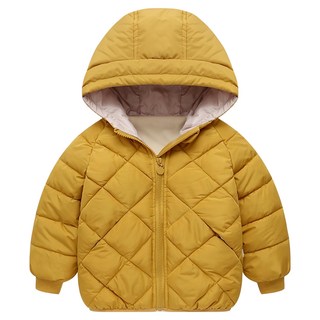 愛北鼻 菱形格羽絨短版保暖連帽兒童外套 多色可選, 120碼, 黃色, 1件