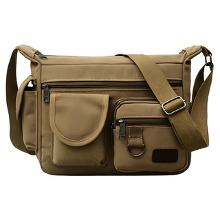 Hilio 男用日常斜背包 大容量帆布斜肩包 可調節肩帶 多隔層設計, 大(30 x 23 x 12cm), 米色