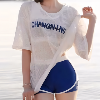 女款三件式分體泳衣 平角泳衣套裝 Set, L, 藍色