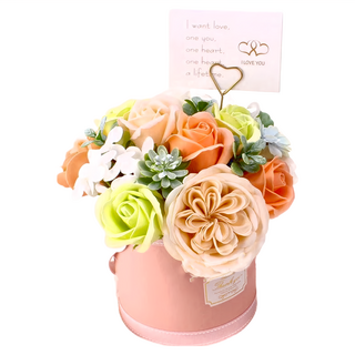 桶裝香皂花 玫瑰花造型，含小卡+ 桶子+ 透明開窗提袋, 香檳橘, 1個