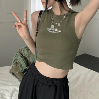 甜辣削肩無袖刺繡背心 Set 2件, 胸寬32cm 全長39cm, 軍綠