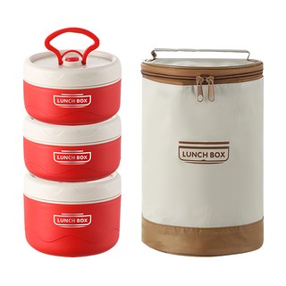 SUnORO 可微波日式304不鏽鋼防燙便當盒 附保溫袋 + 餐具 420ml 2個 + 600ml, 1組, 紅色