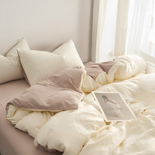 Hoom禾暮生活 柔軟微皺水洗棉床包 法式奶茶 雙拼 四件套, 雙人, 被套 + 床墊套 + 枕套組