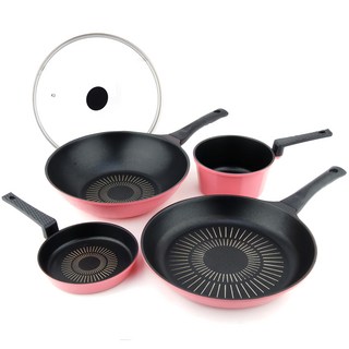 Kitchen-Art 平底鍋組, 煎鍋1個 + 平底鍋1個 + 鍋蓋1個 + 煎蛋鍋1個 + 醬鍋1個, 粉色, 1組