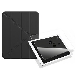 vXTRA 飛創 Y折變形立架四角氣囊平板皮套 筆槽版 + 玻璃貼套組, 1套, 經典黑