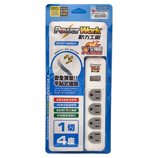 PowerWork 動力工廠 1切4座3P延長線 過載自動斷電 高耐熱防火機身 4N級無氧銅線材, 1.8m, 白色, 1個