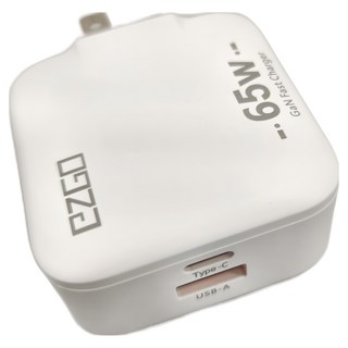 EZGO 65W USB+TypeC 雙孔快充頭, 氮化鎵GaN, 可折疊插腳, 智能分配電流, 降低溫度高效充電, 白色, 1個