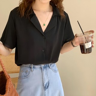 LOVE&SWEET 原版短袖襯衫, 棉+聚酯纖維, 9色可選, 胸寬:48cm 袖長:22cm 全長:55cm 肩寬:37cm, 黑